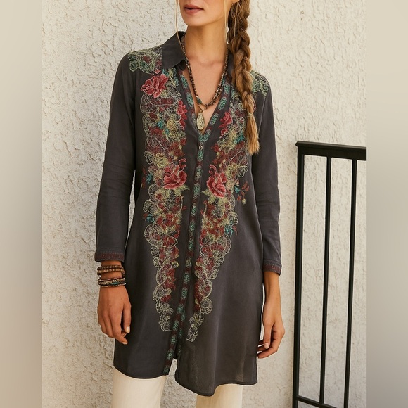 JOHNNY WAS Embroidered Tunic Button Down Multicolor Boho Collard Shirt Dress XS - Picture 1 of 9